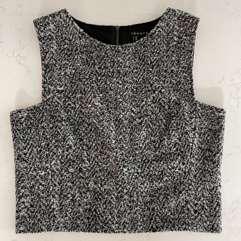 Theory PAGIA B Tweed Knit Lined Virgin Wool Blend Vest Black & Hues of Grey Sz M